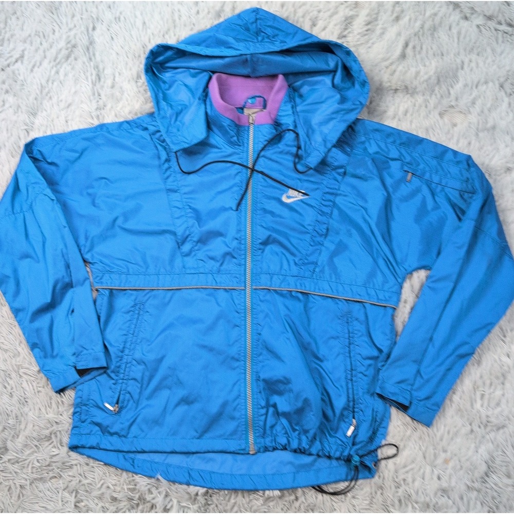 Vintage Nike Windbreaker Jacket Blue Fleece Collar Hooded Mens Small S 90's